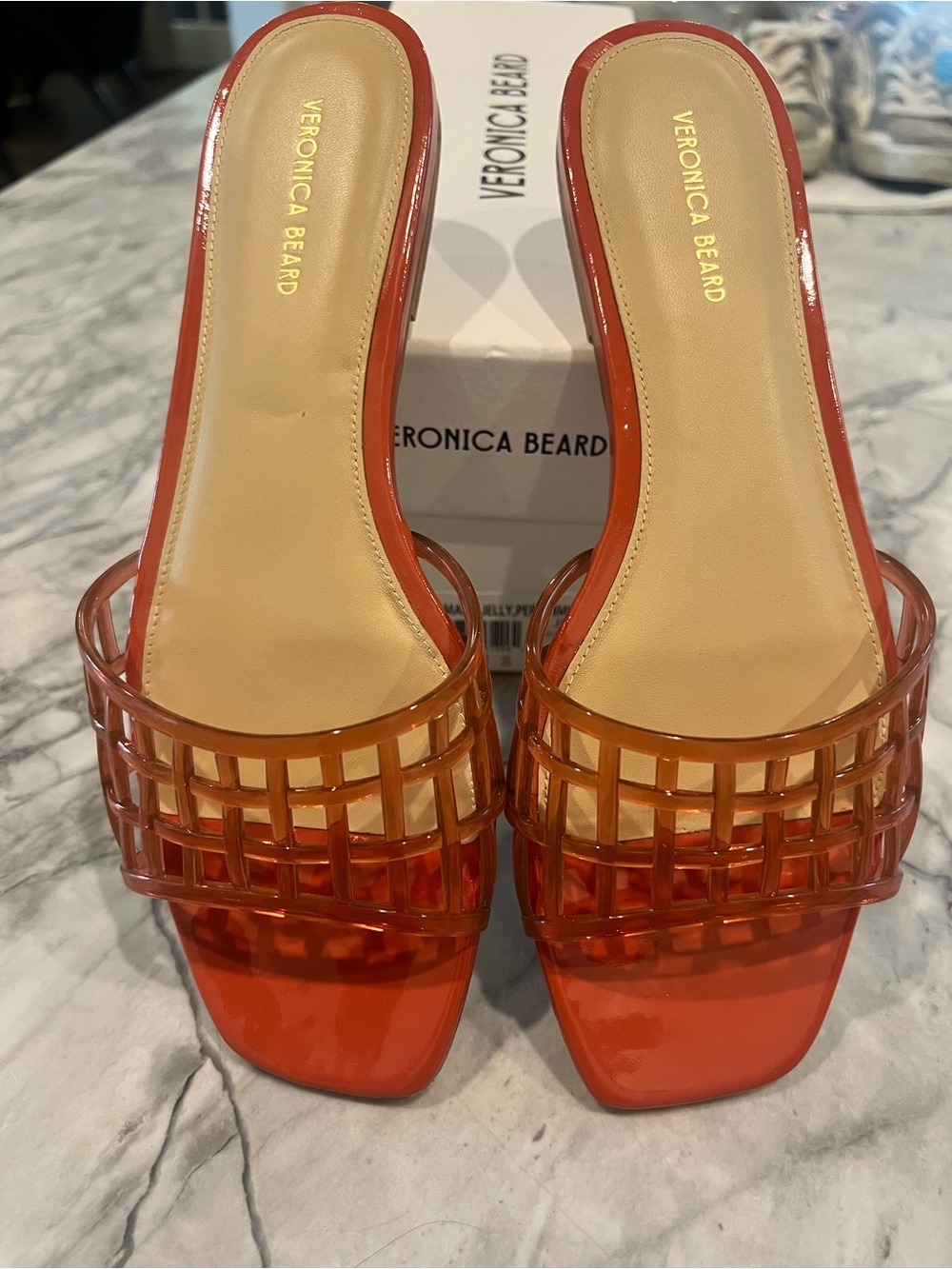 Veronica Beard Orange Clear Strap Slide Sandals